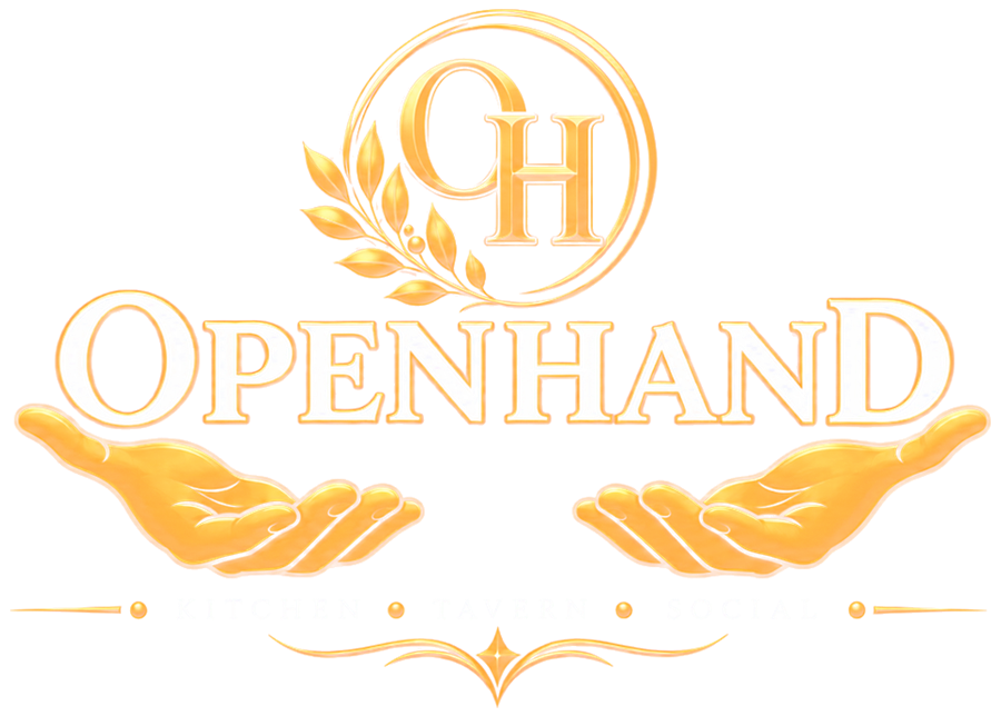 The Openhand crest: an O and H monogram inside a ring with a laurel branch, above two open hands.