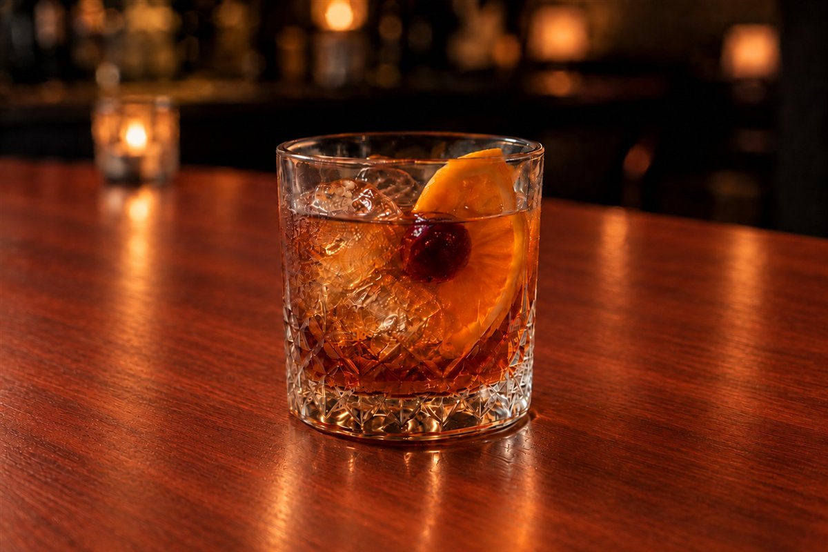 A brandy old fashioned with ice, orange and a cherry on a smooth red-stained wooden bar.