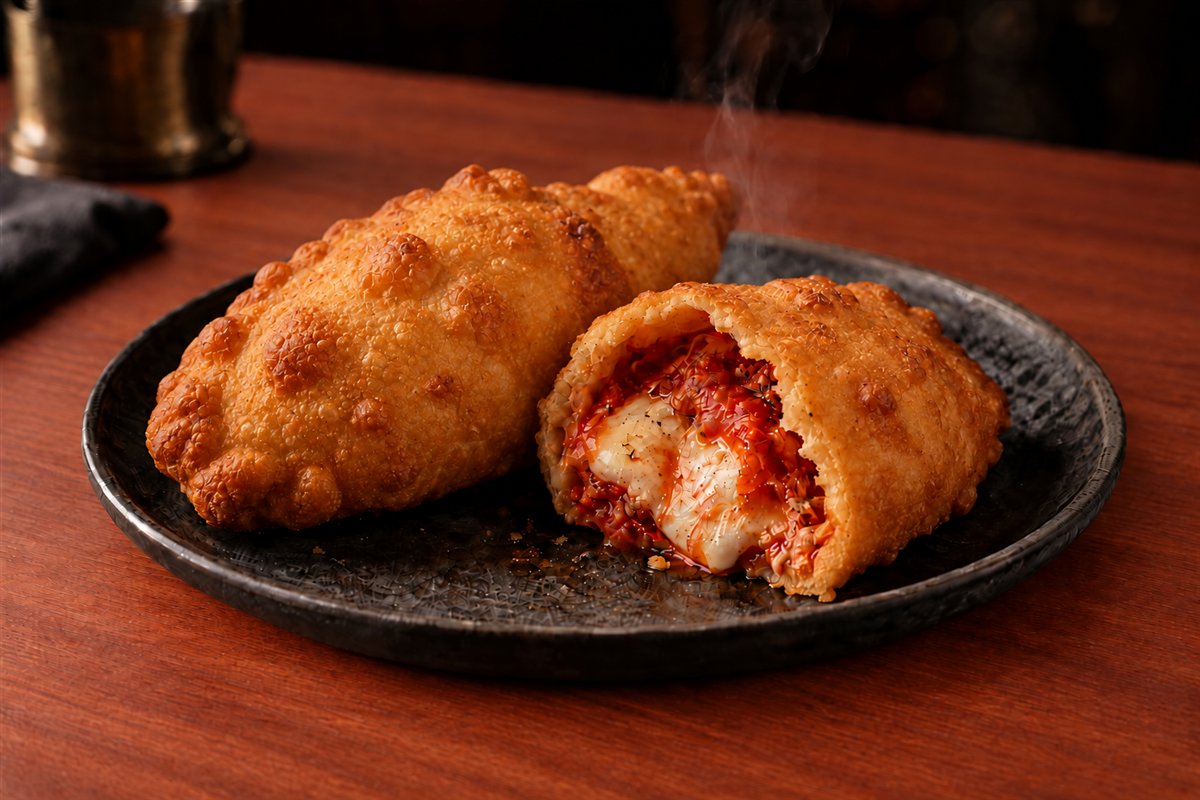 A golden fried panzerotto, with one half opened to show tomato sauce and melted mozzarella.