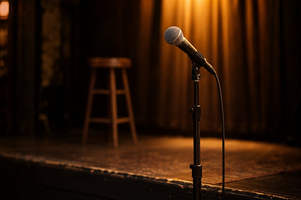 A microphone waiting beneath warm stage lights, with a wooden stool behind it.